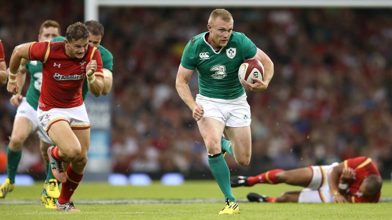 Keith Earls breaks to score a try during the International match between Wales and Ireland at the Millennium Stadium
