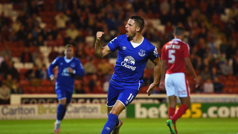 BARNSLEY, ENGLAND - AUGUST 26: Kevin Mirallas of Everton celebrates scoring against Barnsley in the Capital One Cup second round match 