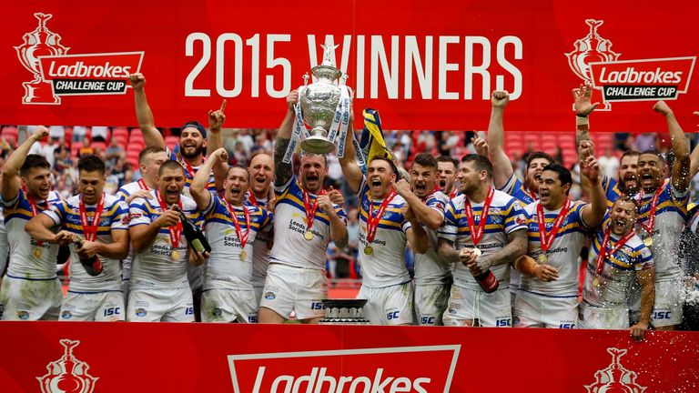 Leeds Rhinos' Kevin Sinfield celebrates with the trophy after winning the Ladbrokes Challenge Cup Final v Hull KR at Wembley Stadium, London