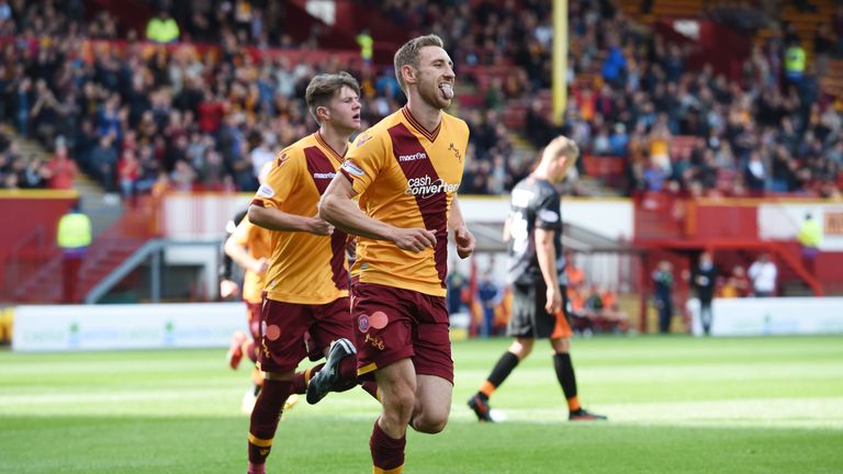 Motherwell's Louis Moult (centre) celebrates after putting his team ahead against Kilmarnock
