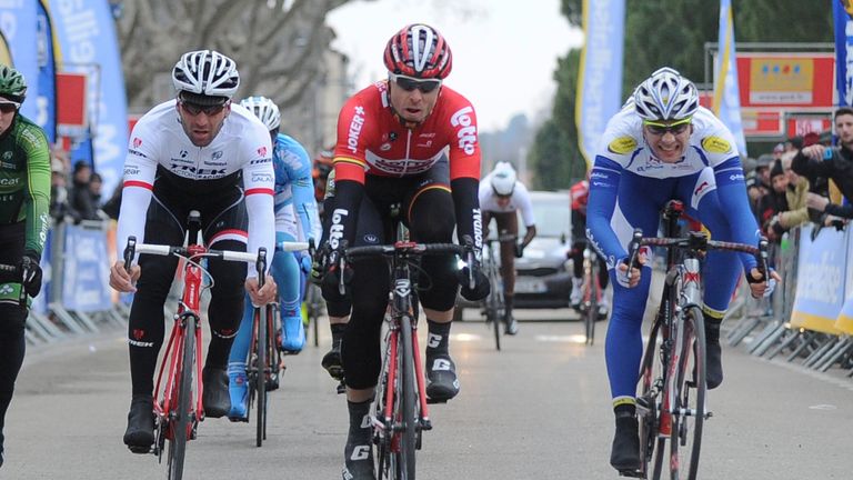 Kris Boeckmans (centre) crashed 50km from the end of the ride between Puebla de Don Fadruqie and Murcia