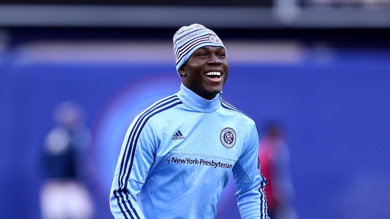 NEW YORK, NY - MARCH 15:  Kwadwo Poku #88 of New York City FC warms up before the inaugural game of the New York City FC as they take on the New England Re