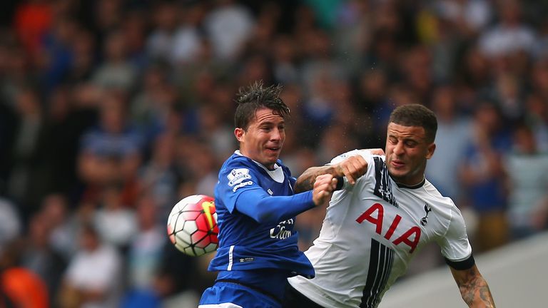 Bryan Oviedo of Everton and Kyle Walker of Tottenham Hotspur compete for the ball during the Barclays Premier League match at White Hart Lane