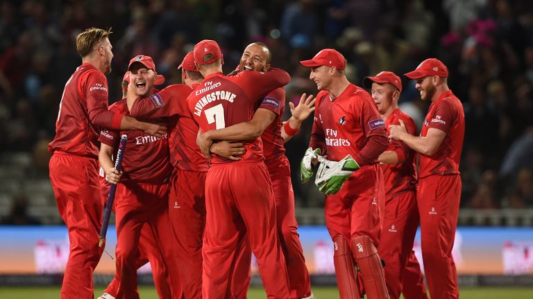 Lancashire Lightning celebrate victory over Northamptonshire Steelbacks' in the NatWest T20 Blast Final at Edgbaston, Birmingham