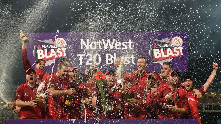 Lancashire Lightning celebrates victory over Northamptonshire Steelbacks in the NatWest T20 Blast Final at Edgbaston, Birmingham.