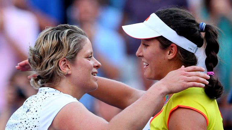 NEW YORK, NY - AUGUST 29:   Kim Clijsters of Belgium congratulates Laura Robson of Great Britain after their women's singles second round match on Day Thre