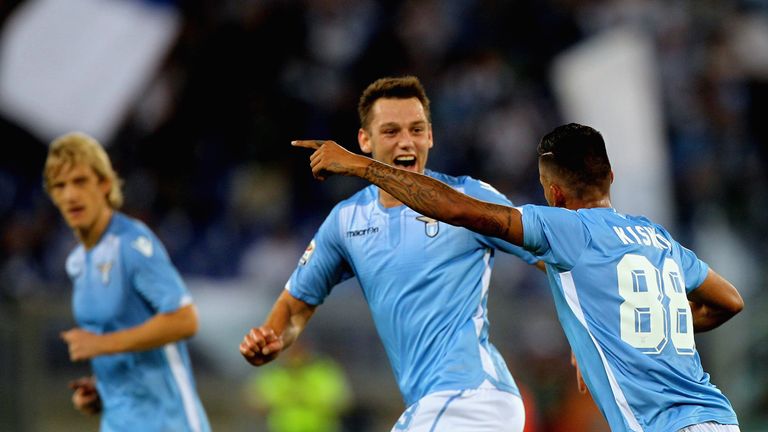  Ricardo Kishna with his teammate Stefan De Vrij of SS Lazio celebrates after scoring the team's second goal during the Serie A ma