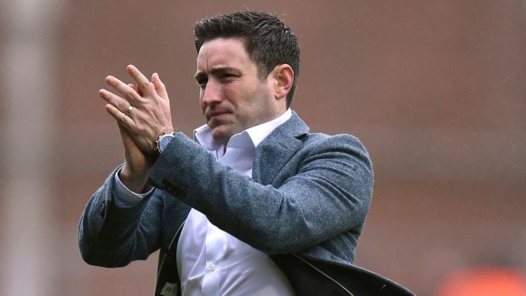Barnsley manager Lee Johnson applauds the away fans after the final whistle in the Sky Bet League one match at Ashton Gate, Bristol.
