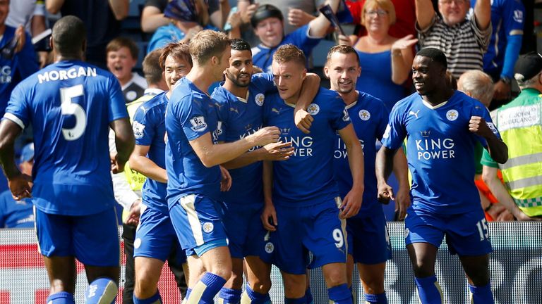 Leicester's Jamie Vardy celebrates after scoring against Sunderland