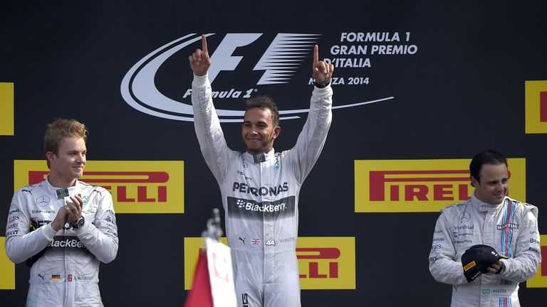 Lewis Hamilton takes the acclaim atop the Monza podium in 2014