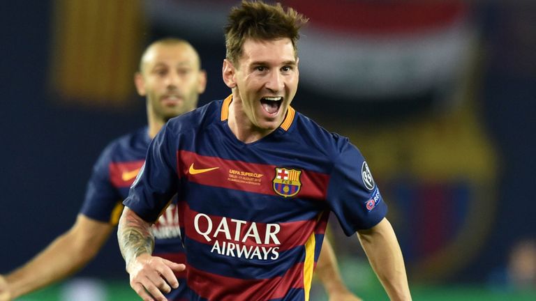 Lionel Messi celebrates scoring a goal during the UEFA Super Cup against Sevilla