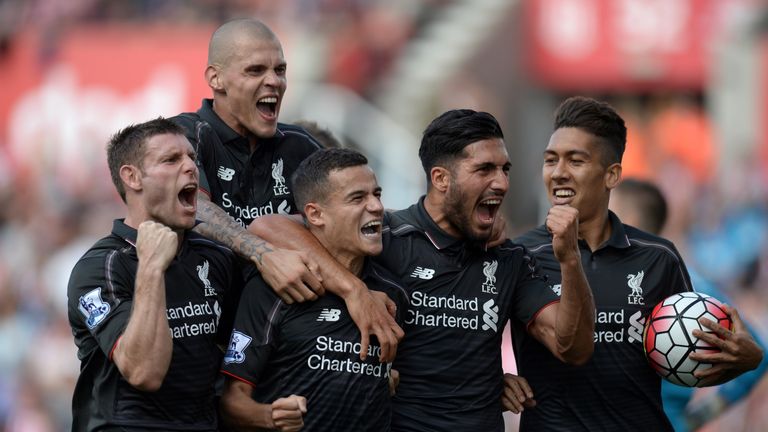 Liverpool's James Milner, Martin Skrtel, Philippe Coutinho, Emre Can and Roberto Firmino celebrate