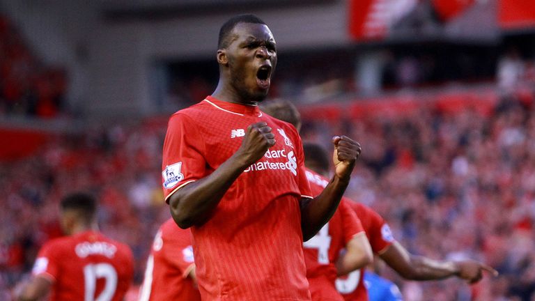 Liverpool's Christian Benteke celebrates scoring his side's first goal of the game during the Barclays Premier League match at Anfield, Liverpool