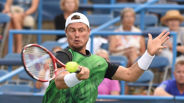 Lleyton Hewitt of Australia plays against against John-Patrick-Smith of Australia at the Rock Creek Tennis Center on August 4,