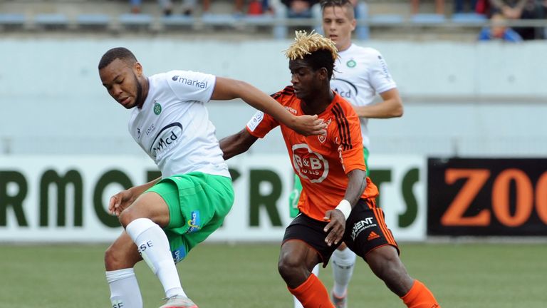 Lorient's forward Ibrahim Didier Ndong (R) vies with Saint-Etienne's French defender Pierre-Yves Polomat