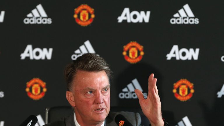 Manager Louis van Gaal of Manchester United speaks during a press conference at Aon Training Complex on August 28, 2015 in Manchester, England