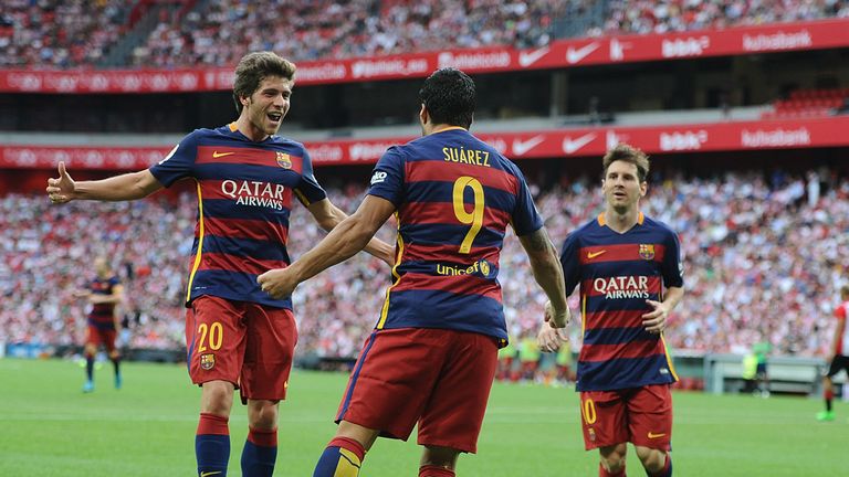 Luis Suarez and Barcelona celebrate