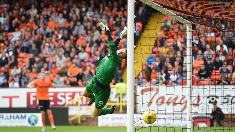 Dundee Utd goalkeeper Luis Zwick looks on as Kenny McLean's header goes into his net