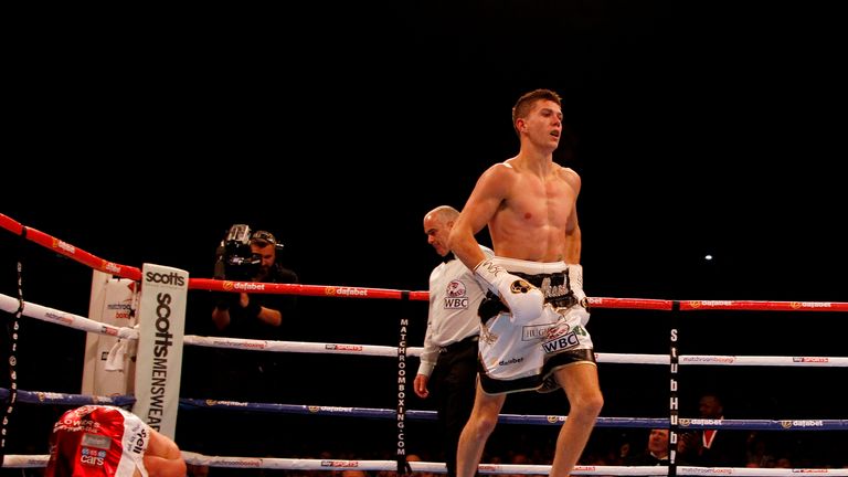 Luk Campbell (left) reacts after knocking down Tommy Coyle during their vacant WBC International Lightweight title and WBC Eliminator contest in Hull