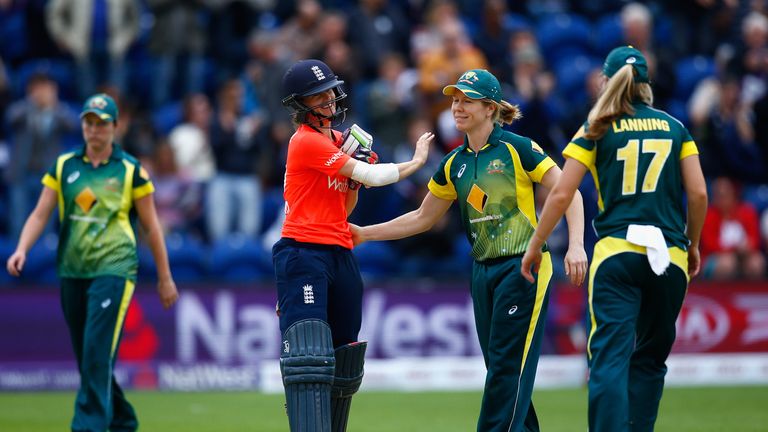 Lydia Greenway of England shakes hands with the Australian team after their match win during the 3rd NatWest T20 of the Women's T20 Ashes Series