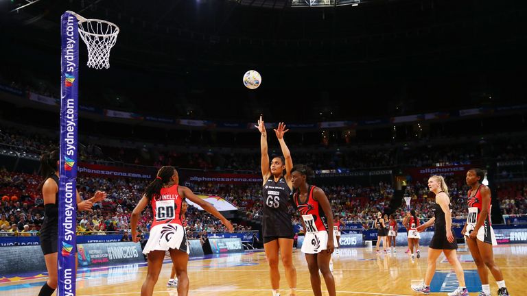 Malia Paseka of New Zealand shoots during the 2015 Netball World Cup match between New Zealand and Trinidad & Tobago at Allphones Arena on August 8, 2015