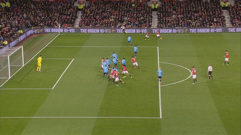 Marcos Rojo is marginally offside when Manchester United's Juan Mata takes a free kick against Stoke