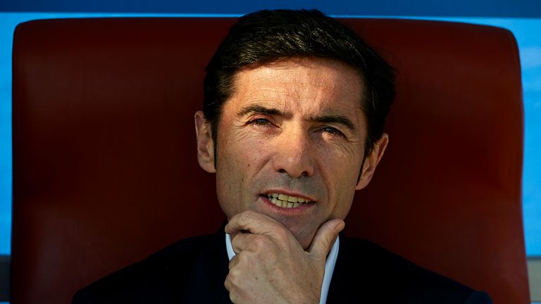 Head coach Marcelino Garcia of Villarreal looks  on prior to start the La Liga match between Levante UD and Villarreal CF a