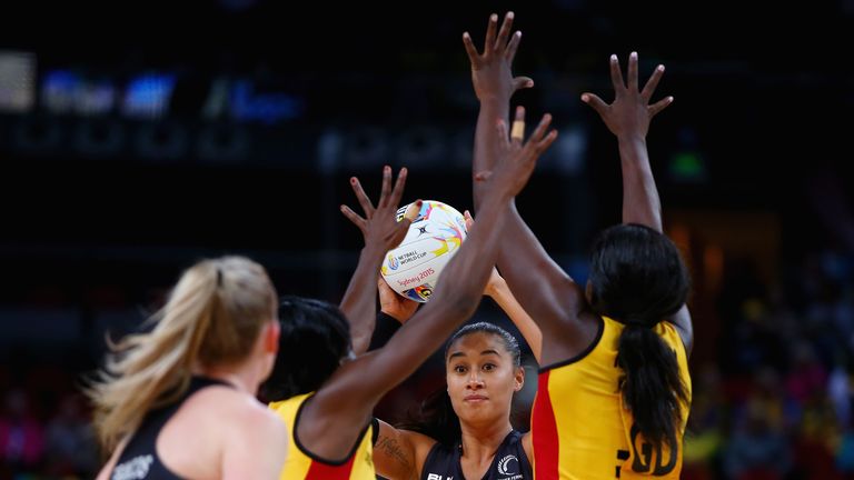 Maria Tutaia of New Zealand looks to pass during the 2015 Netball World Cup match between New Zealand and Uganda at Allphon