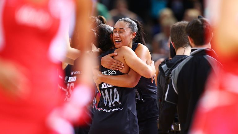 Maria Tutaia (R) of New Zealand celebrates with Grace Rasmussen (L) of New Zealand after their win in the 2015 Netball Worl