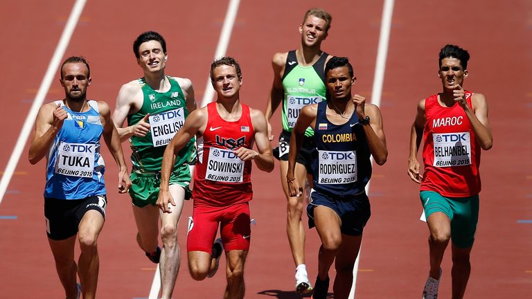 Amel Tuka won the 800m heat as English (second from left) battled through