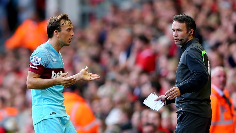 West Ham's Mark Noble questions why he has been sent off against Liverpool
