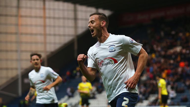 Marnick Vermijl of Preston celebrates scoring the opening goal during the Capital One Cup second round match against Watford