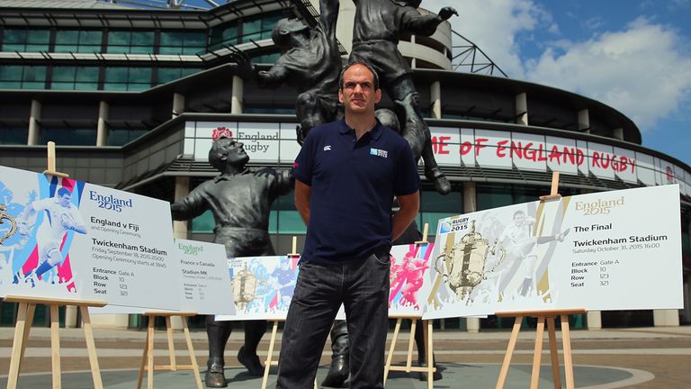 LONDON, ENGLAND - JUNE 26:  Rugby World Cup 2003 winning captain, Martin Johnson, shows off the ticket design for the Rugby World Cup 2015 at Twickenham St