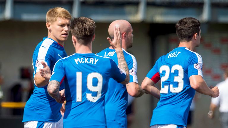 Rangers' Martyn Waghorn (left) celebrates after putting his side 2-1 up against Alloa.