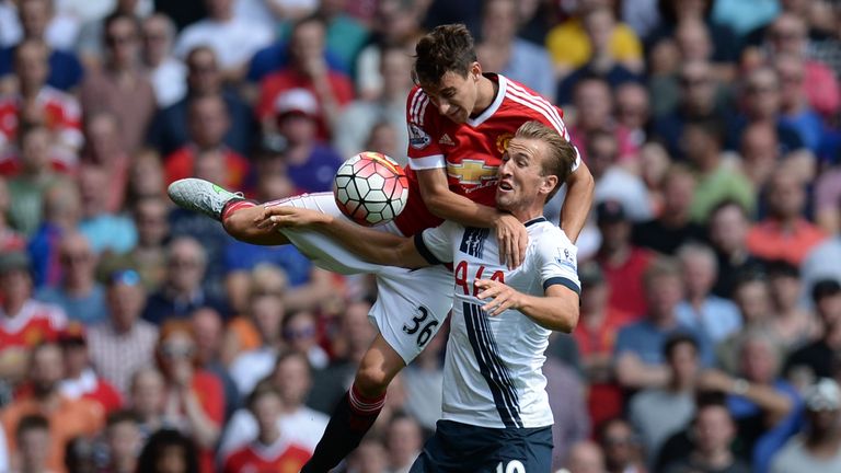 Manchester United's Italian defender Matteo Darmian (up) vies with Tottenham Hotspur's English striker Harry Kane 