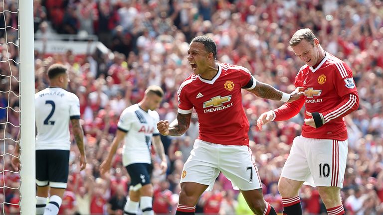 Manchester United's Wayne Rooney and Memphis Depay (centre) celebrate Tottenham Hotspur's Kyle Walker (background, left) scoring an own goal
