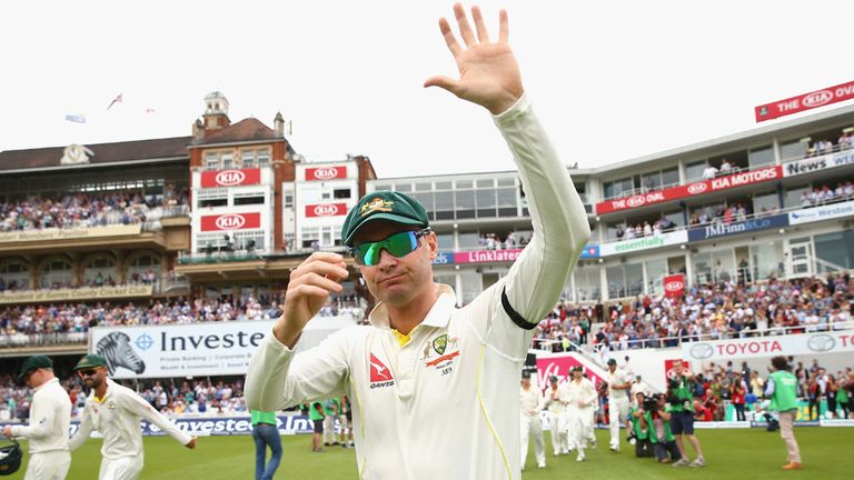 Michael Clarke acknowledges a standing ovation from the Oval crowd