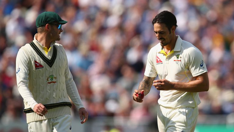 Michael Clarke of Australia speaks to Mitchell Johnson during day three of the 3rd Investec Ashes Test