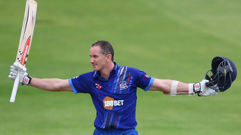 Michael Klinger of Gloucestershire celebrates reaching his century in the Royal London One Day Cup