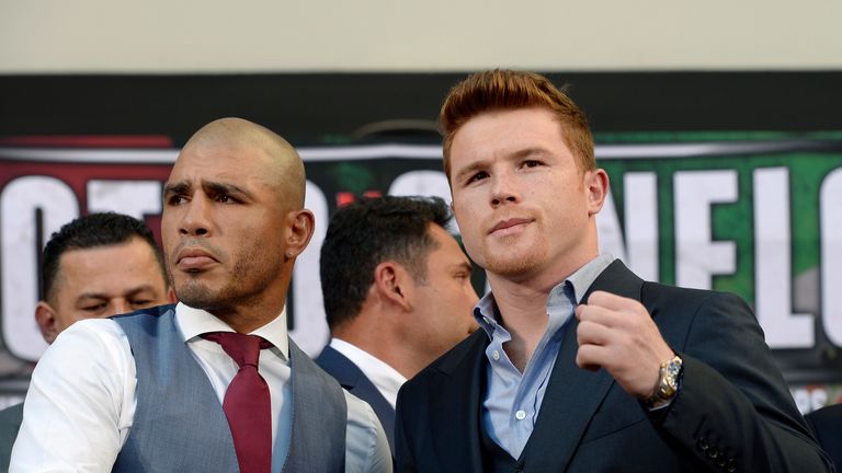 WBC champion Miguel Cotto (L) and contender Saul 'Canelo' Alvarez spoke to the media ahead of their fight