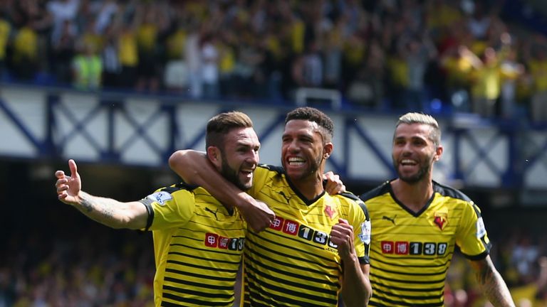 Miguel Layun celebrates scoring Watford's first goal with team-mate Etienne Capoue to put the Hornets 1-0 up at Goodison Park