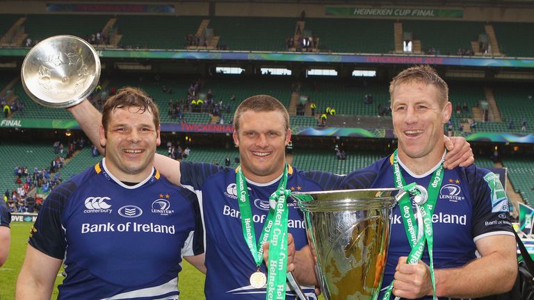 Mike Ross, Nathan White and Brad Thorn of Leinster celebrate following the Heineken Cup Final v Ulster, May 2012