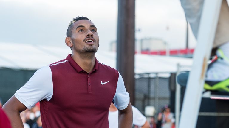 Nick Kyrgios of Australia has a few words with the chair umpire during day two of the Rogers Cup against against Gael Monfils of