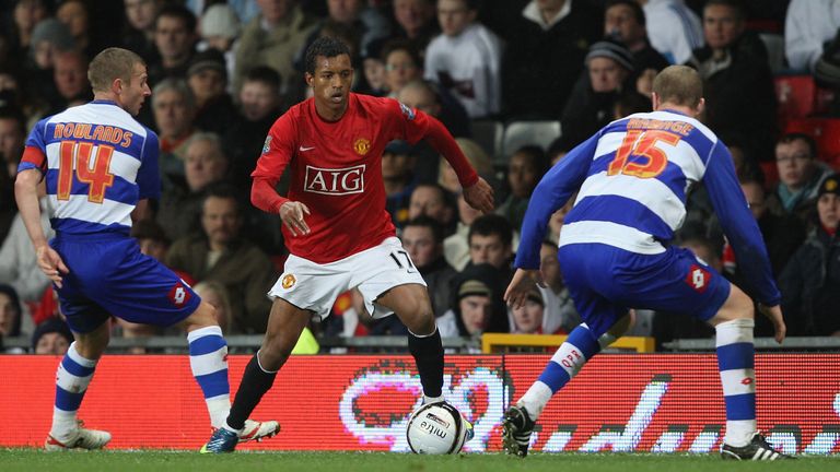 Nani of Manchester United clashes with Martin Rowlands and Peter Ramage of Queens Park Rangers