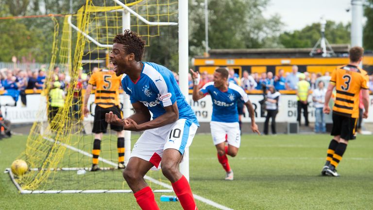 Rangers' Nathan Oduwa upset Alloa defender Colin Hamilton with some fancy footwork. 