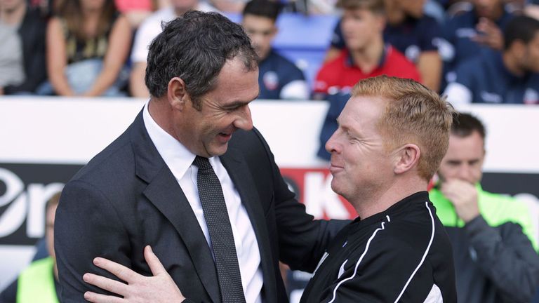 Neil Lennon manager of Bolton Wanderers (L) and Paul Clement manager of Derby County