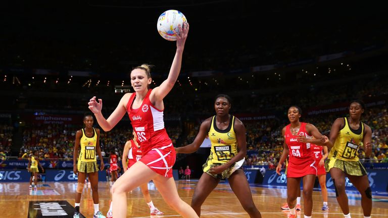 Joanne Harten of England catches the ball during the 2015 Netball World Cup Bronze Medal match between England and Jamaica 