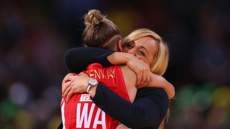 Tamsin Greenway of England and England coach Tracey Neville celebrate victory during the 2015 Netball World Cup Bronze Medal match