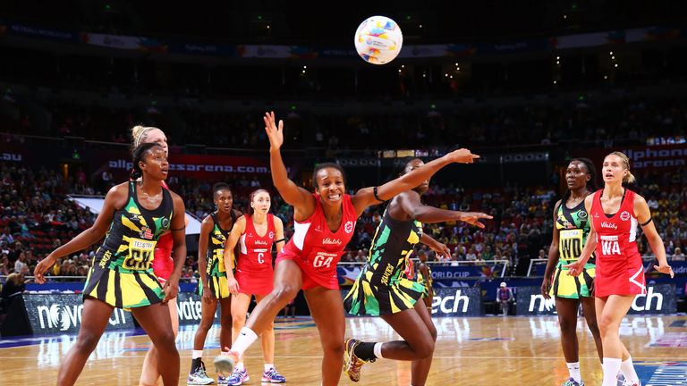 Pamela Cookey of England competes for the ball during the 2015 Netball World Cup match between England and Jamaica 