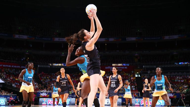 Bailey Mes of New Zealand competes catches the ball during the 2015 Netball World Cup match between New Zealand and Barbados at Allphones Arena